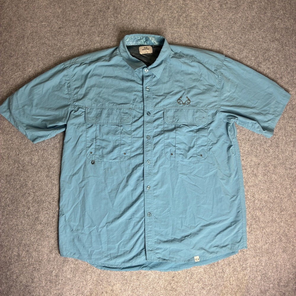 Realtree Outfitters Mens Blue Short Sleeve Fishing Shirt Ventilated XL Utility